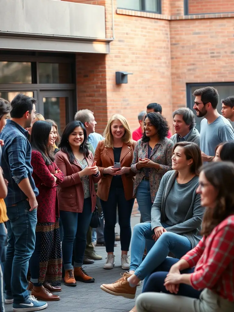 A community gathering after a Cie Point du Jour performance, showing people discussing the themes and messages of the play.
