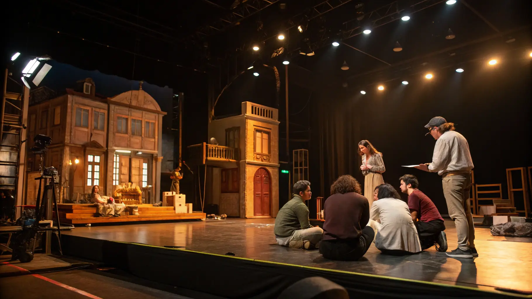 A group of actors rehearsing a scene in a theater, with the director giving instructions.
