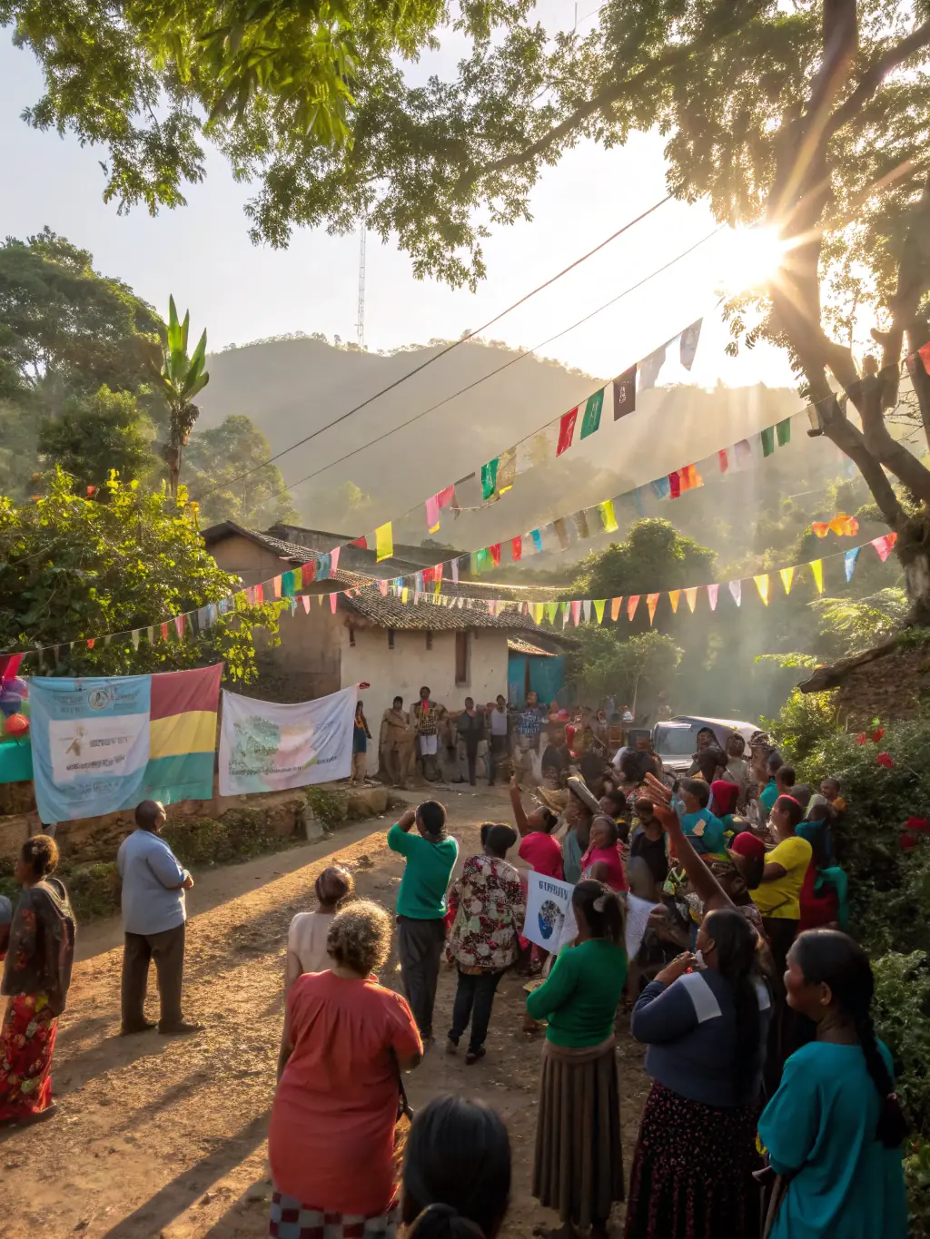 A dynamic image of a community event featuring traditional music and dance, highlighting the cultural richness of rural life.