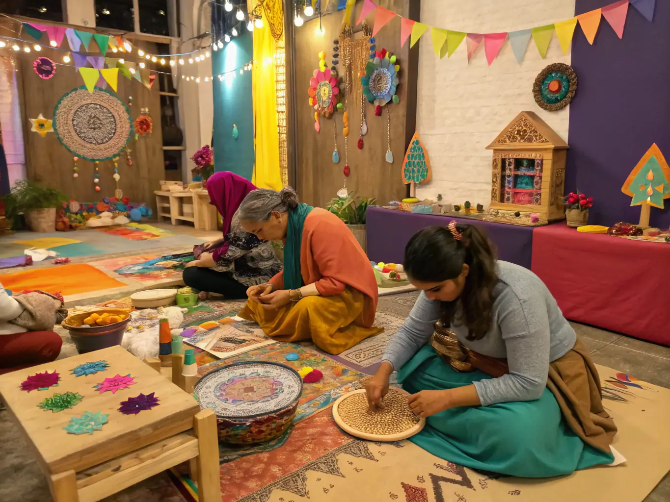 A lively workshop scene with participants learning traditional crafts, surrounded by rural scenery, representing R.A.C.I.N.E.'s workshops and cultural events.