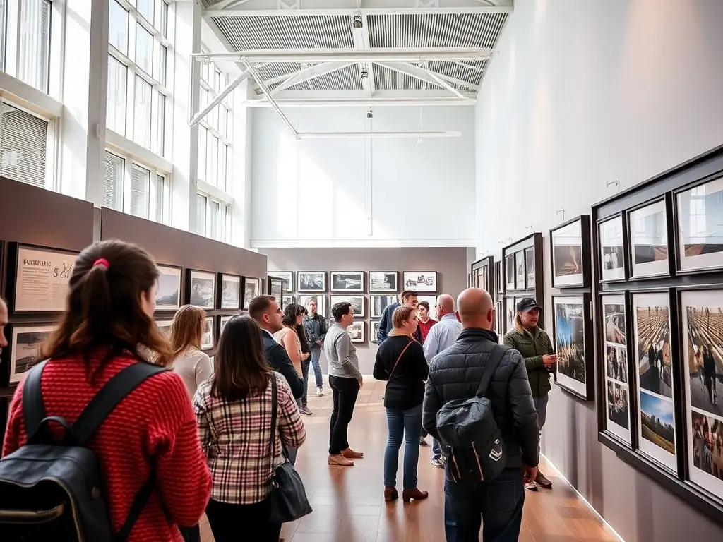 A vibrant photo exhibition displaying rural landscapes and community life, with visitors engaging with multimedia displays, showcasing R.A.C.I.N.E.'s multimedia cultural projects.