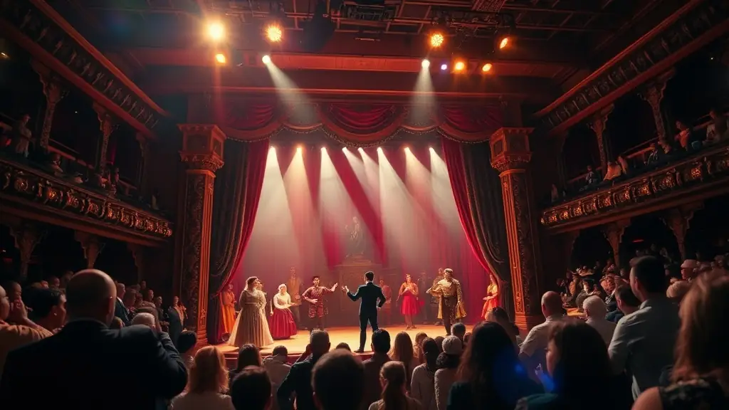A stage with actors performing a play with colorful costumes and dramatic lighting.
