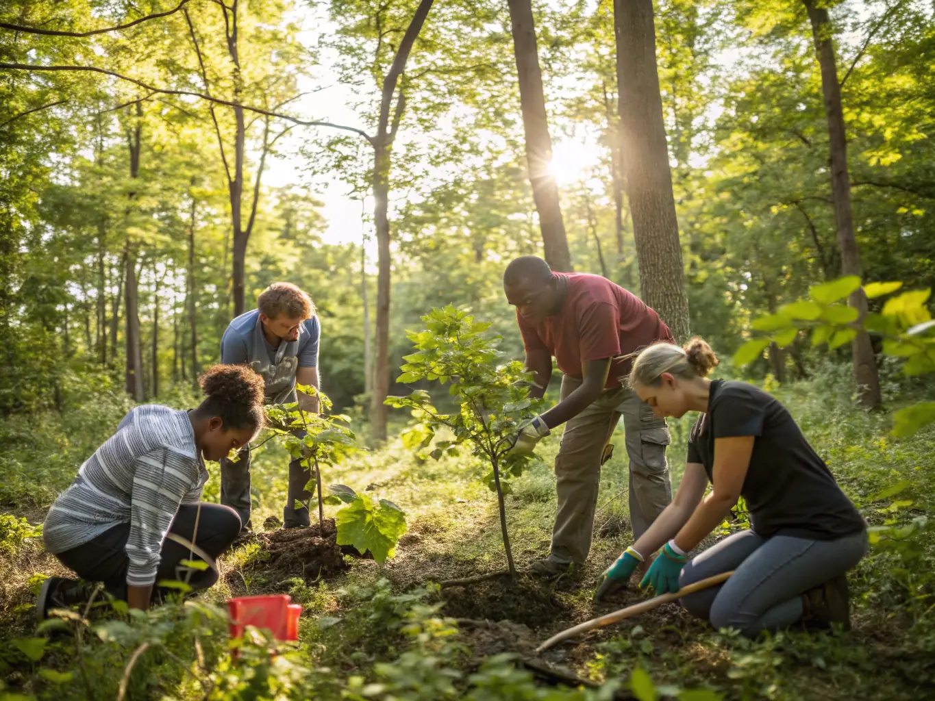 A group of diverse people of different ages are planting trees in a rural area, symbolizing R.A.C.I.N.E.'s commitment to environmental sustainability and community engagement.
