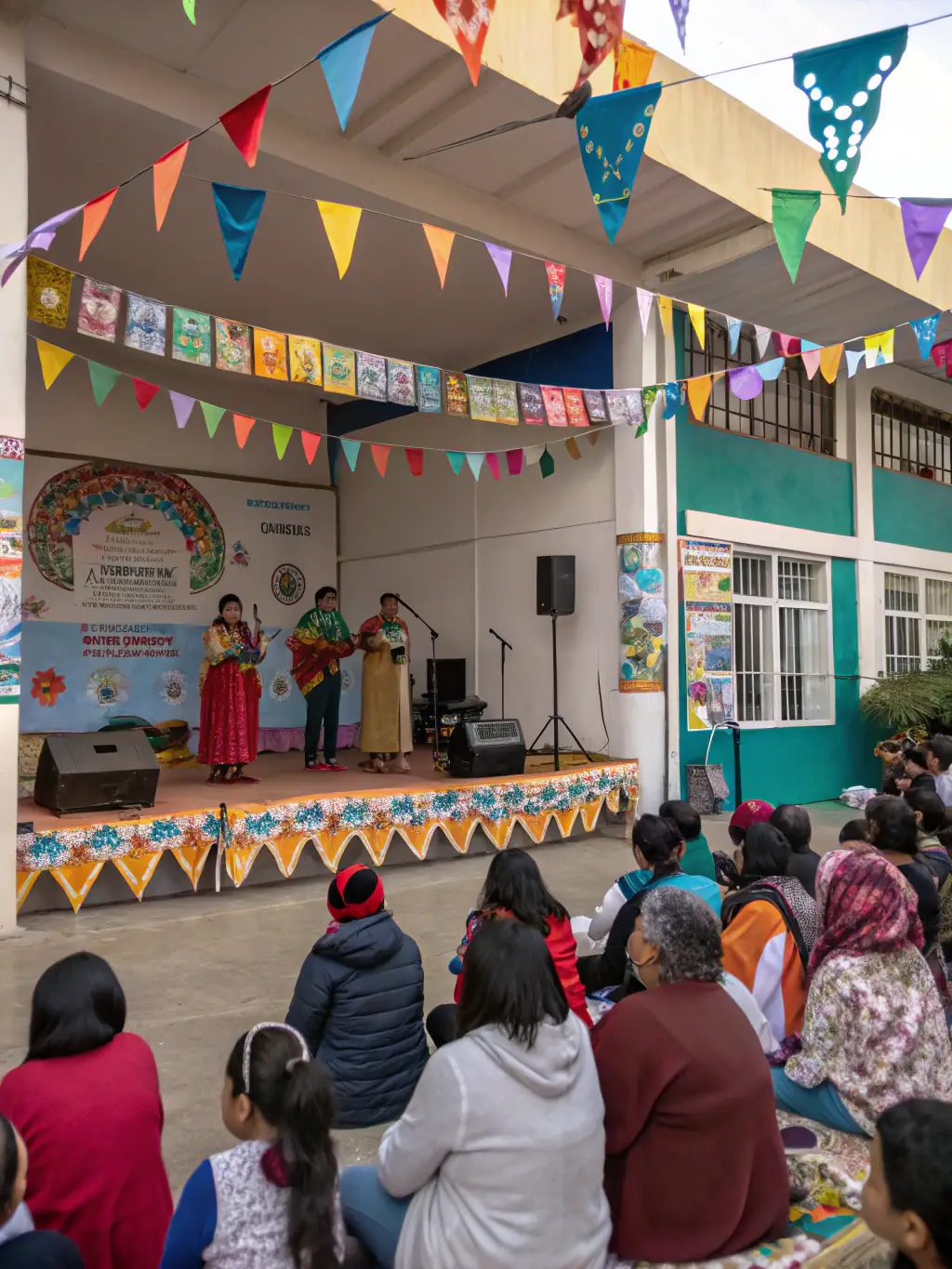 A photo capturing a community outreach event organized by Cie Point du Jour, featuring performers interacting with local residents and promoting arts engagement.