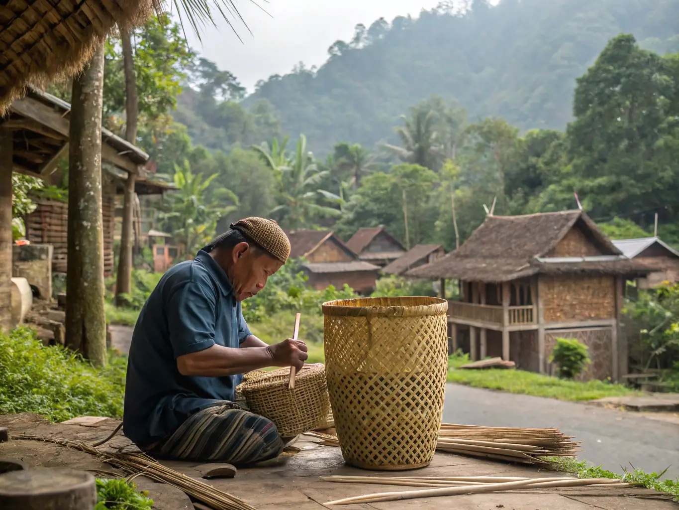 A still from a R.A.C.I.N.E. film showcasing a traditional rural craft being practiced by a local artisan, set against a backdrop of rolling hills and farmland.