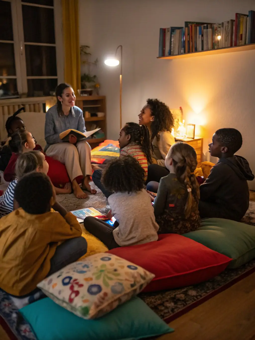 A group of children participating in a drama workshop, focused on creative expression and storytelling, with a Cie Point du Jour facilitator guiding them.