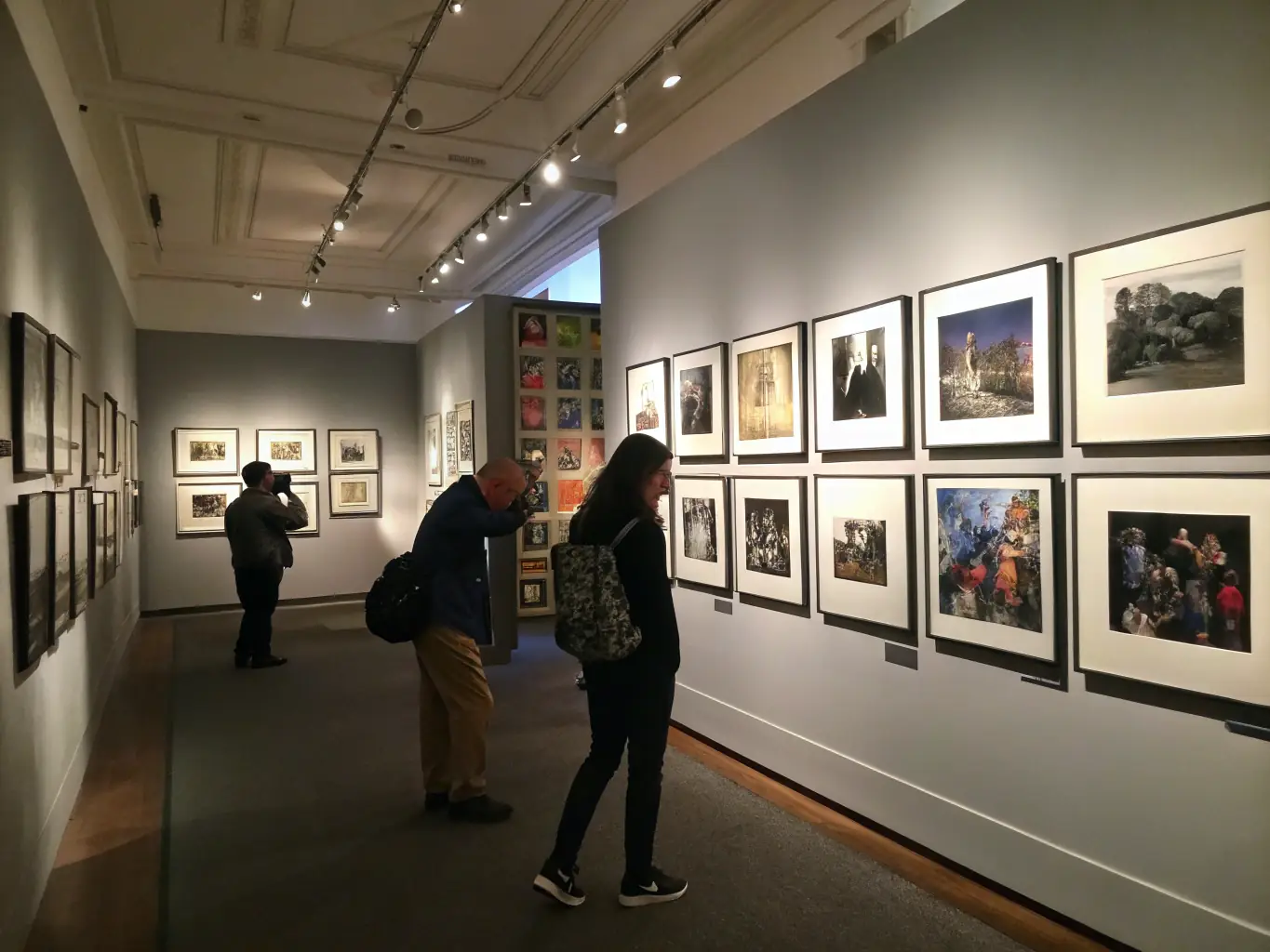 A vibrant photo exhibition displaying rural landscapes and community life, with visitors engaging with multimedia displays.