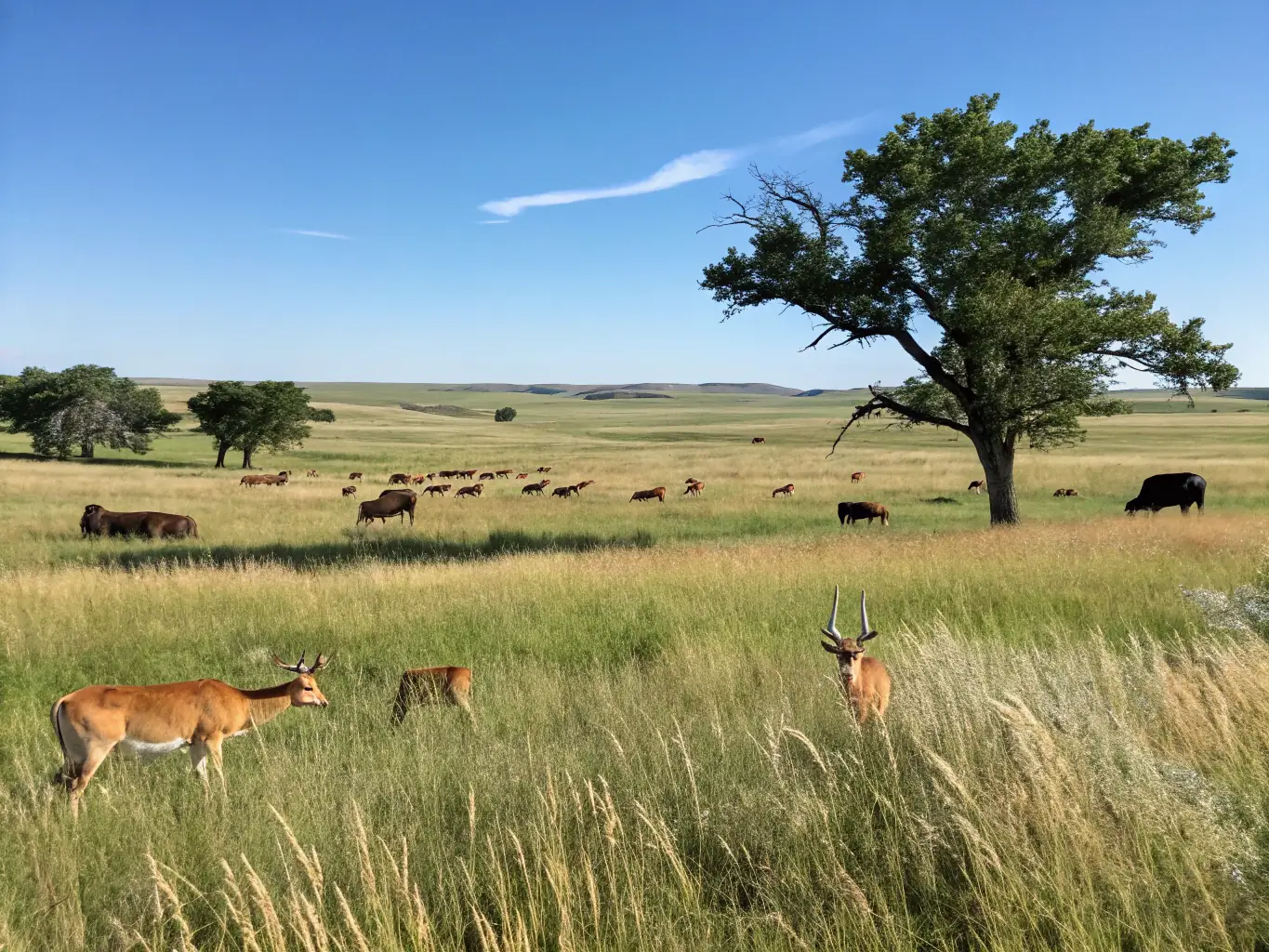 A panoramic view of a protected wildlife reserve with diverse flora and fauna, showcasing the Wildlife Reserve Management program.