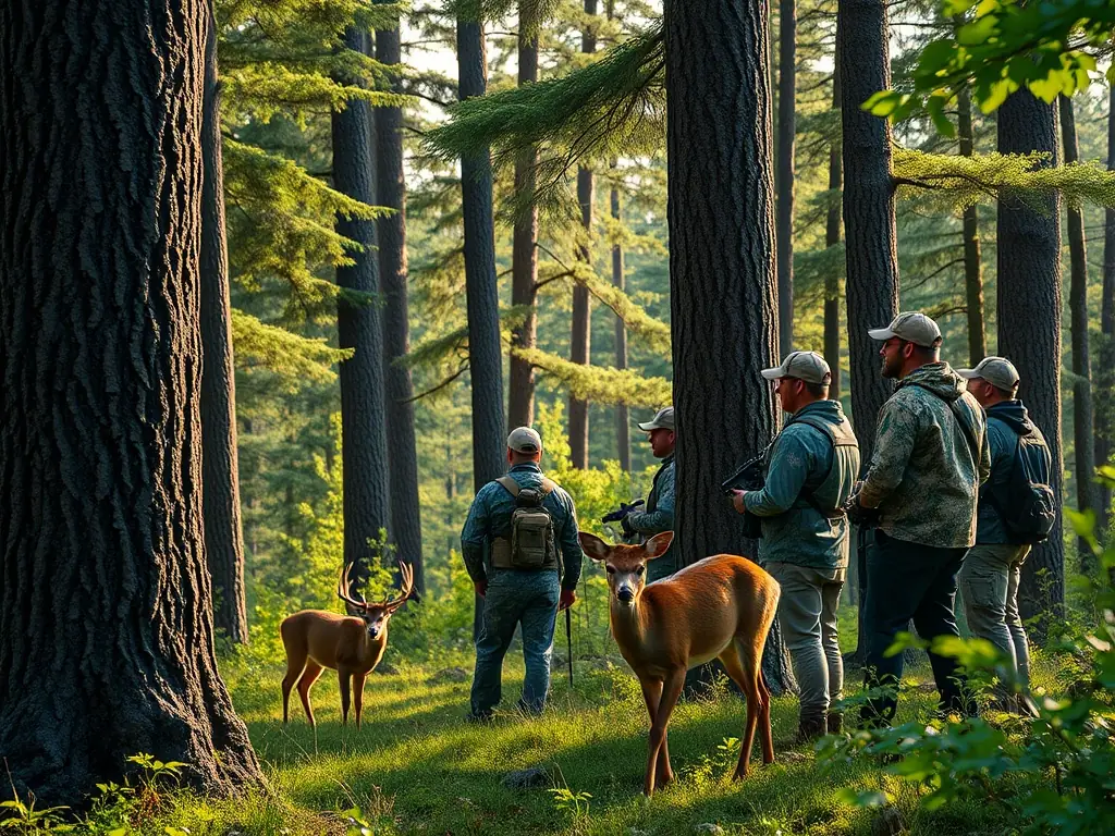 A picturesque view of hunters in camouflage gear strategically positioned in a dense forest during a SOCIETE DE CHASSE LA FRATERNELLE organized hunting tour, emphasizing safety and traditional hunting practices.