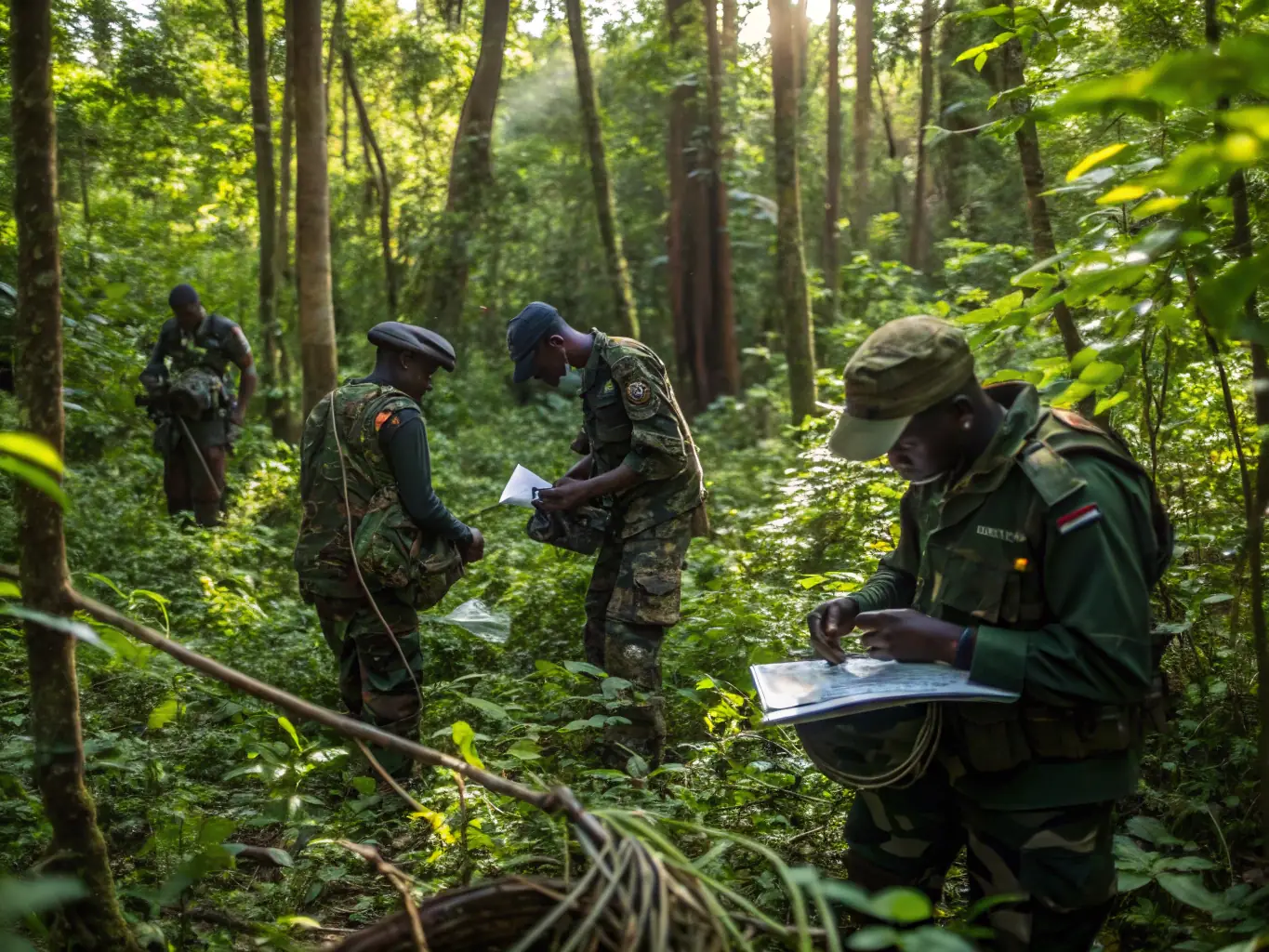 Rangers conducting patrols in a dense forest, equipped with anti-poaching gear, illustrating the Anti-Poaching Initiatives program.
