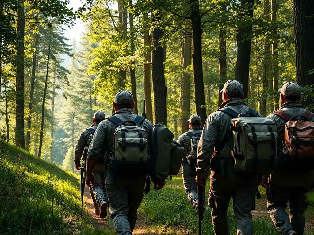 A dynamic shot of SOCIETE DE CHASSE LA FRATERNELLE members on an anti-poaching patrol, equipped with necessary gear and working in collaboration with local authorities to protect endangered species.