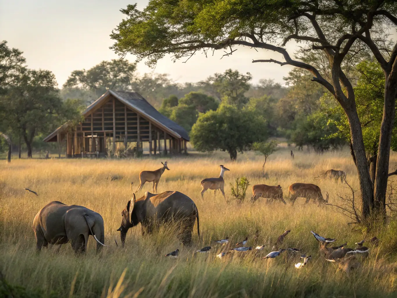 A serene image of a well-maintained wildlife reserve managed by SOCIETE DE CHASSE LA FRATERNELLE, showcasing thriving local flora and fauna, with a focus on habitat restoration and ecosystem health.